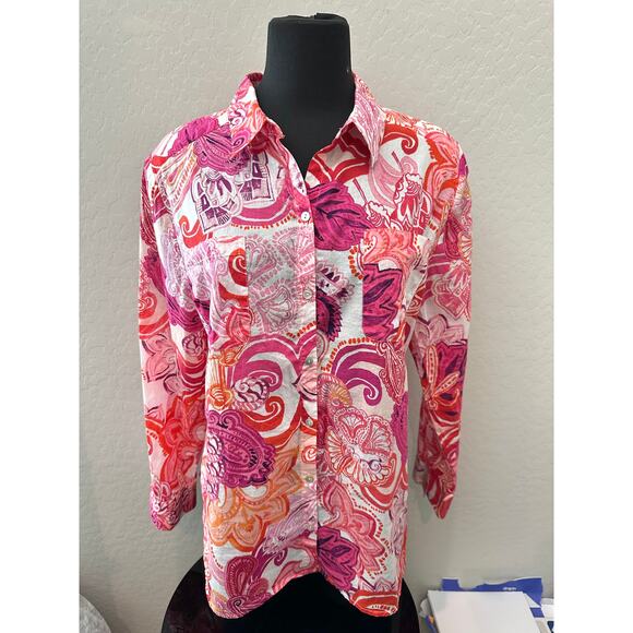 CHICO’S Bright Seashell Button Down Shirt Cotton Collared Blouse | Size 2 Large - Picture 2 of 7